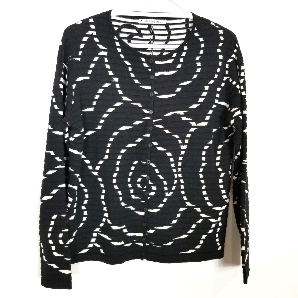 Mansted Women Floral‎ Button Up Cardigan Sweater Sz M Cotton Black White Classic